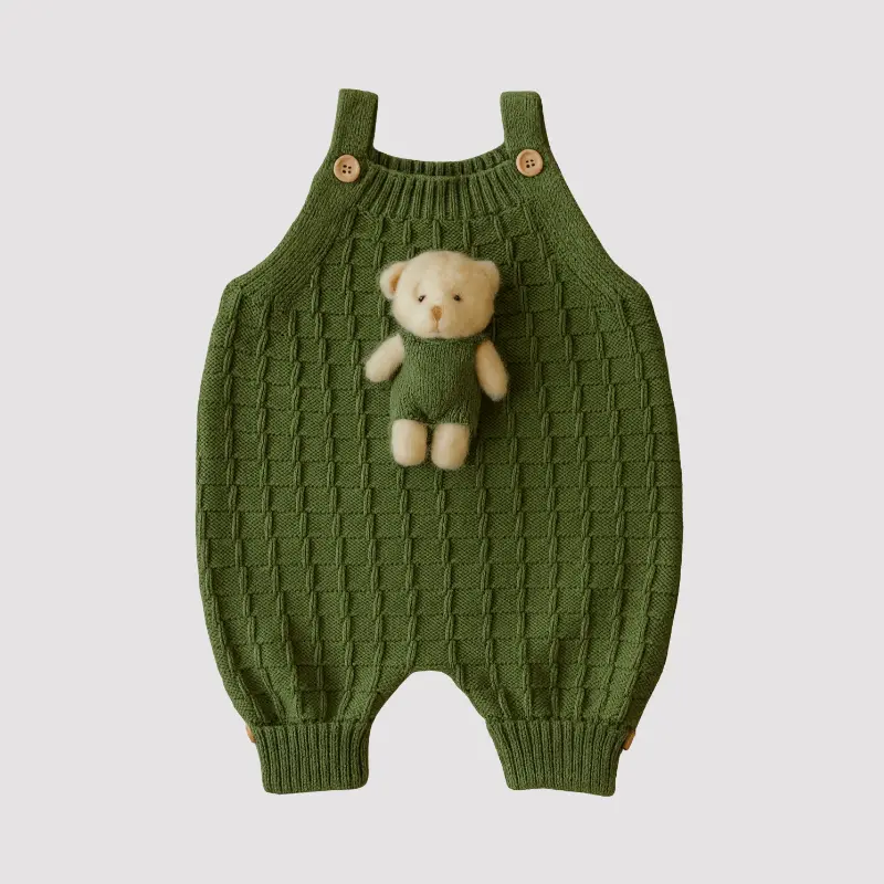 Jardineira Bebê Tricot Ursinho Verde Musgo 3 a 9 meses