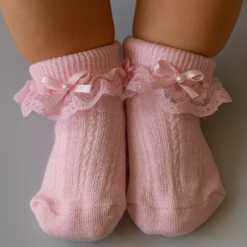 Meia Bebê Algodão Lacinho Bordado Rosa 3 a 12 meses