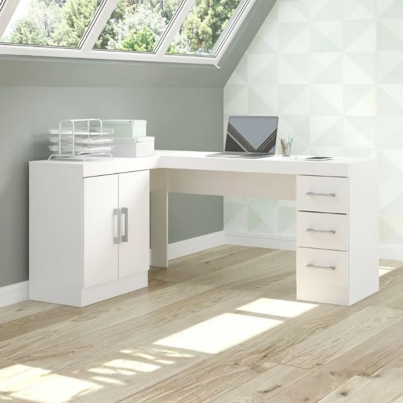 Mesa Escritório De Canto Home Office 2 Portas 3 Gavetas Menu Móveis Branco