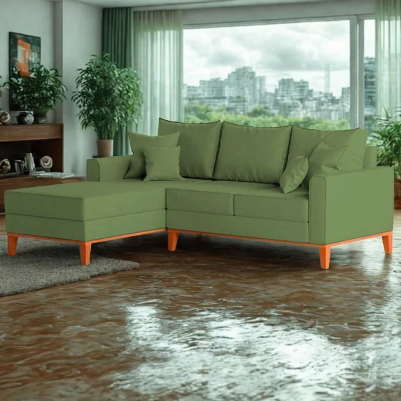 Sofá 3 Lugares Beny Com Chaise Esquerdo Linho Verde Oliva