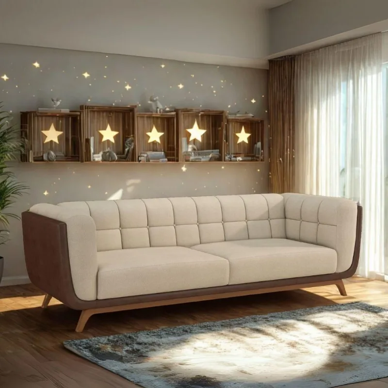 Sofá Madri 3 Lugares 240CM Off White Bouclê e Corino Marrom Divani