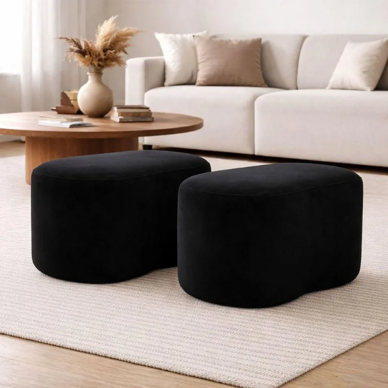 Kit 2 Puff Orgânico Curvo Feijão Sala Redondo Confortável Moderno Suede Preto