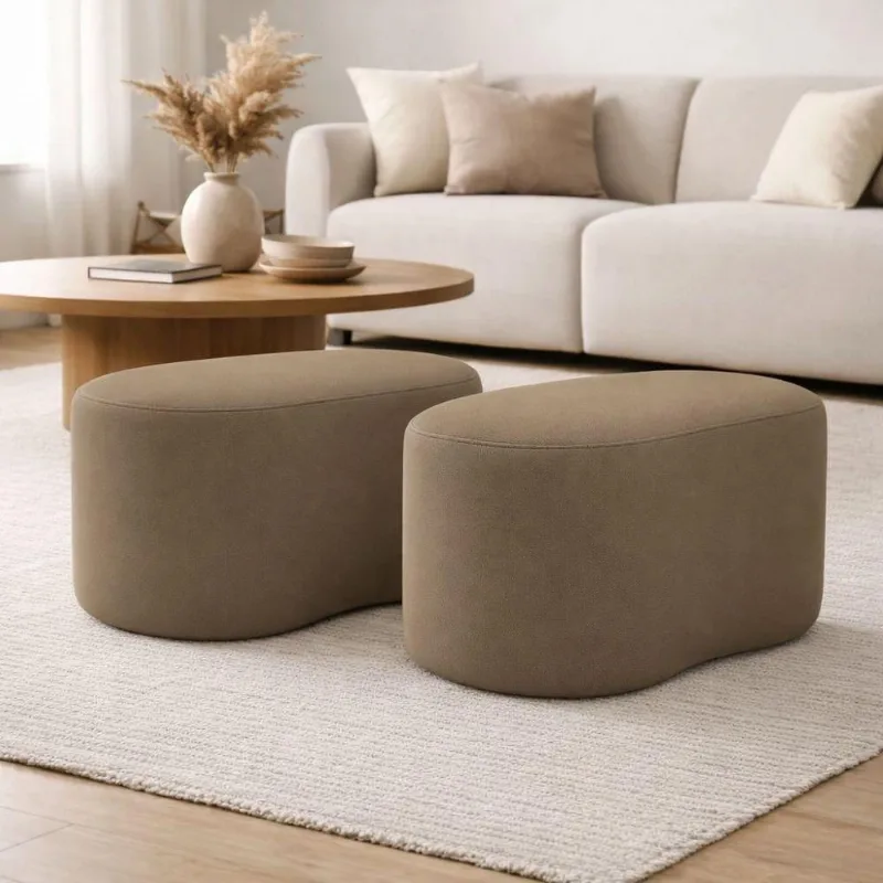 Kit 2 Puff Orgânico Curvo Feijão Sala Redondo Confortável Moderno Suede Capuccino