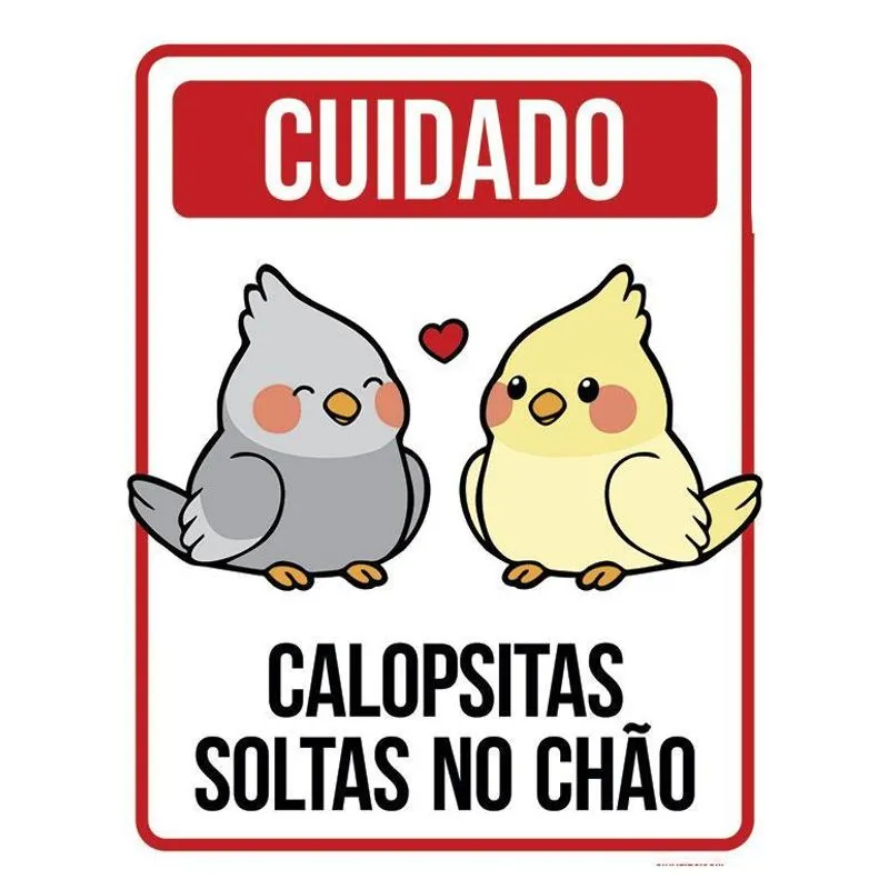 Placa Cuidado Calopsitas Soltas No Chão Cinza 18x23