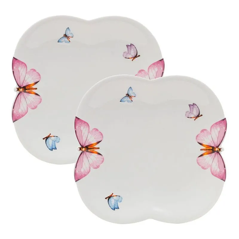 Jogo 2 Prato De Sobremesa Borboletas 19cm Porcelana Branco Wolff