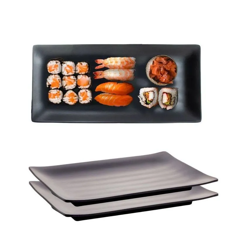 Travessa Kit 2 Unidades Oriental Retangular Japonesa Em Melamina Para Sushi Preto Lyor