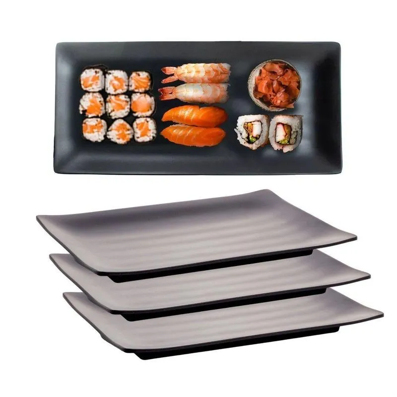 Travessa Oriental Retangular 2837 Sushi Melamina Durável Resistente A Manchas Para Casa Preta Lyor