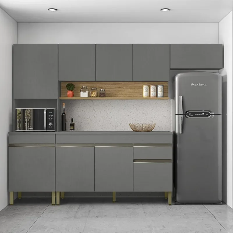 Armário de Cozinha Completa Madrid 9 Portas 1 Gaveta MDP 280cm Cinza Moderno