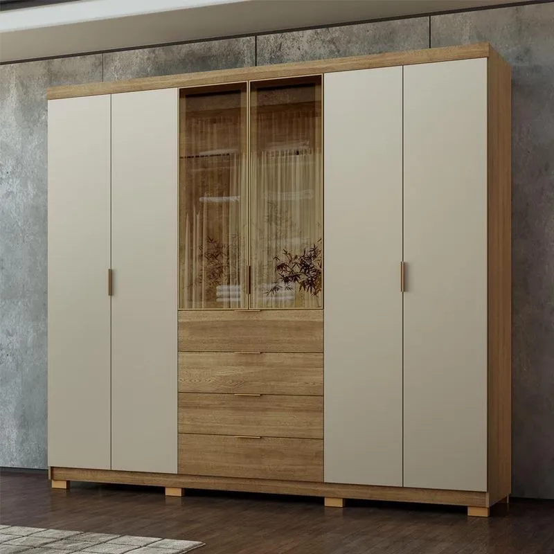 Guarda Roupa Casal Dubai Ouro 6 Portas De Bater 4 Gavetas MDF Com Espelho Nature-Fendi Vila Rica