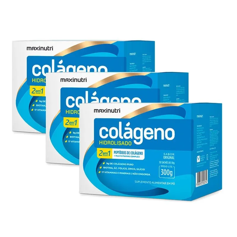 Kit 3 Colágeno Hidrolisado 30 Saches Sabor Original Maxinutri