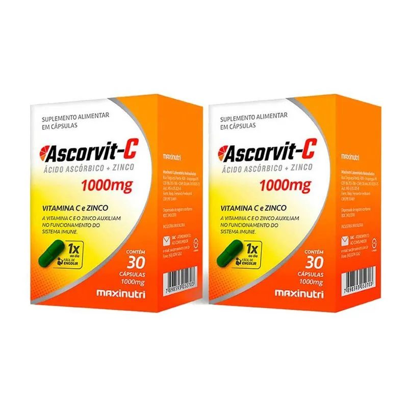 Kit 2 AscorVit C 1000mg Vitamina C e Zinco 30 Caps Maxinutri