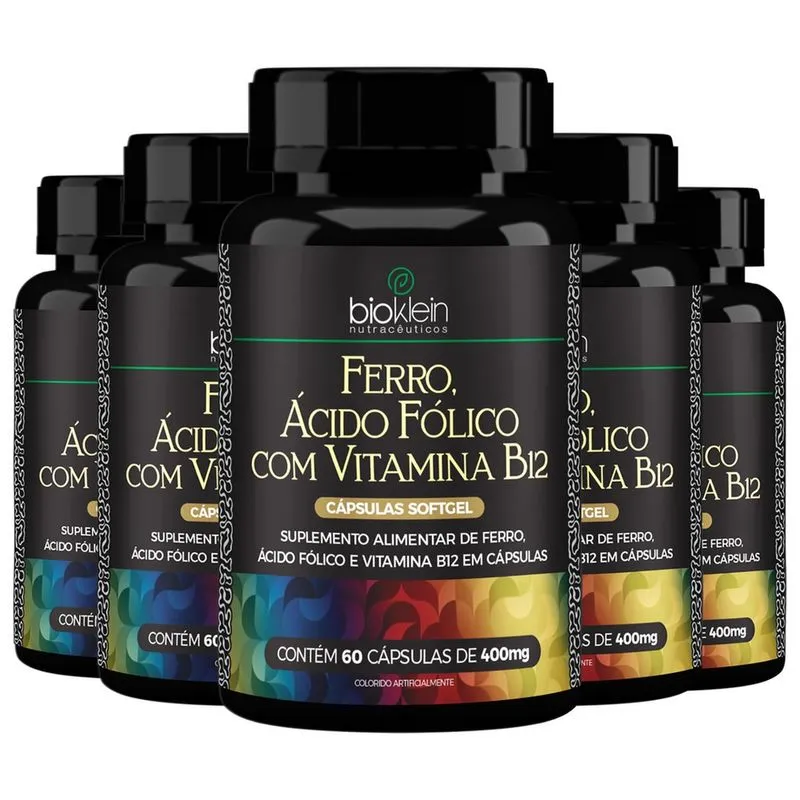 Ferro, Ácido Fólico e Vitamina B12 60 Cápsulas Bioklein - Kit 6x