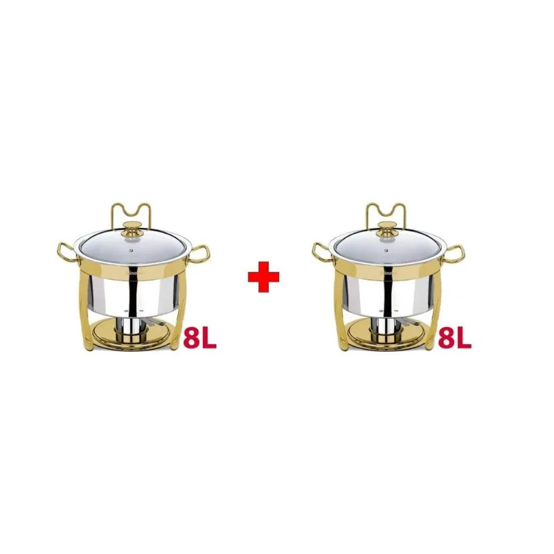 Kit 2 Rechaud Redondo Banho Maria Aço Inox 8 Litros Dourado