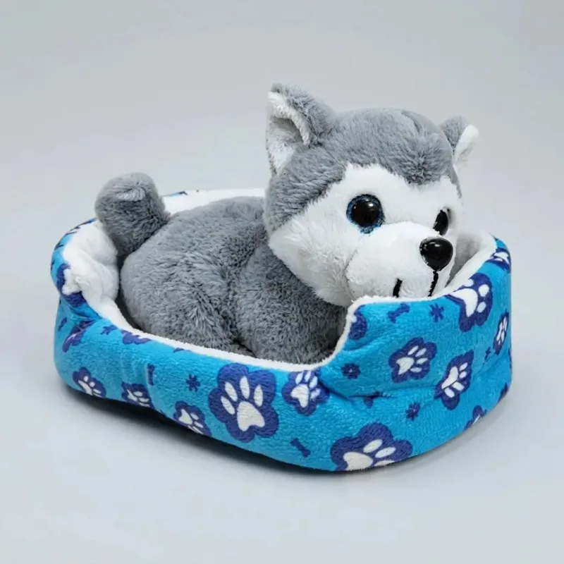 Cachorrinho Husky de Pelúcia 13cm com Caminha 16x14cm - Brinquedo Macio e Decorativo