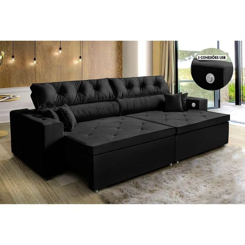 Sofá 5 Lugares 302cm Retrátil, Tecnologia Usb Preto