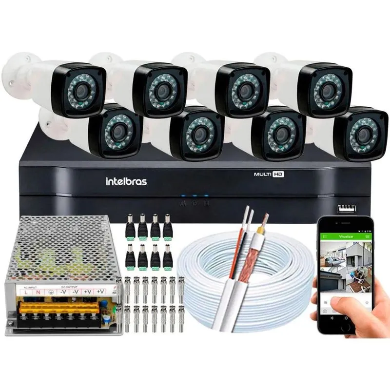 Kit 8 Cameras Seguranca Hd Dvr Intelbras Full Hd 8ch Mhdx S/ Hd