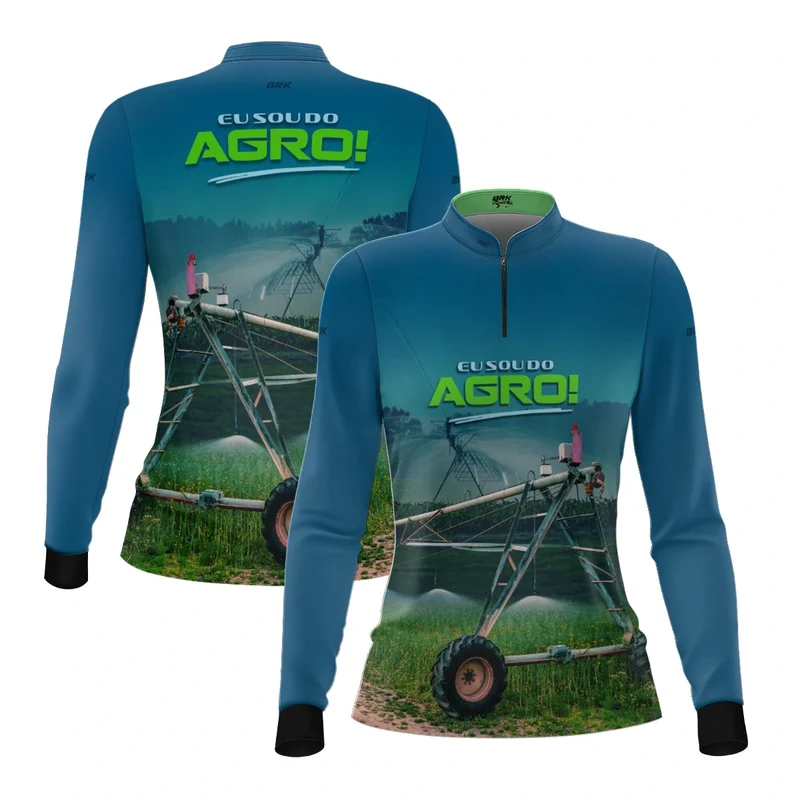 Camisa UV50 Agro Feminina Brk Eu Sou do Agro Irrigação no Campo Pivô Azul PP