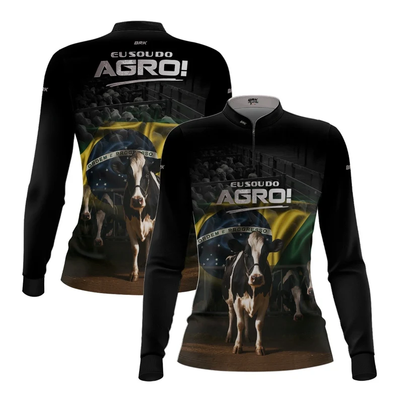 Camisa UV50 Agro Feminina Brk Eu Sou do Agro Preta Vaca Holandesa PP