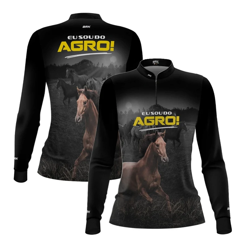 Camisa UV50 Agro Feminina Brk Eu Sou do Agro Preta Cavalos G2
