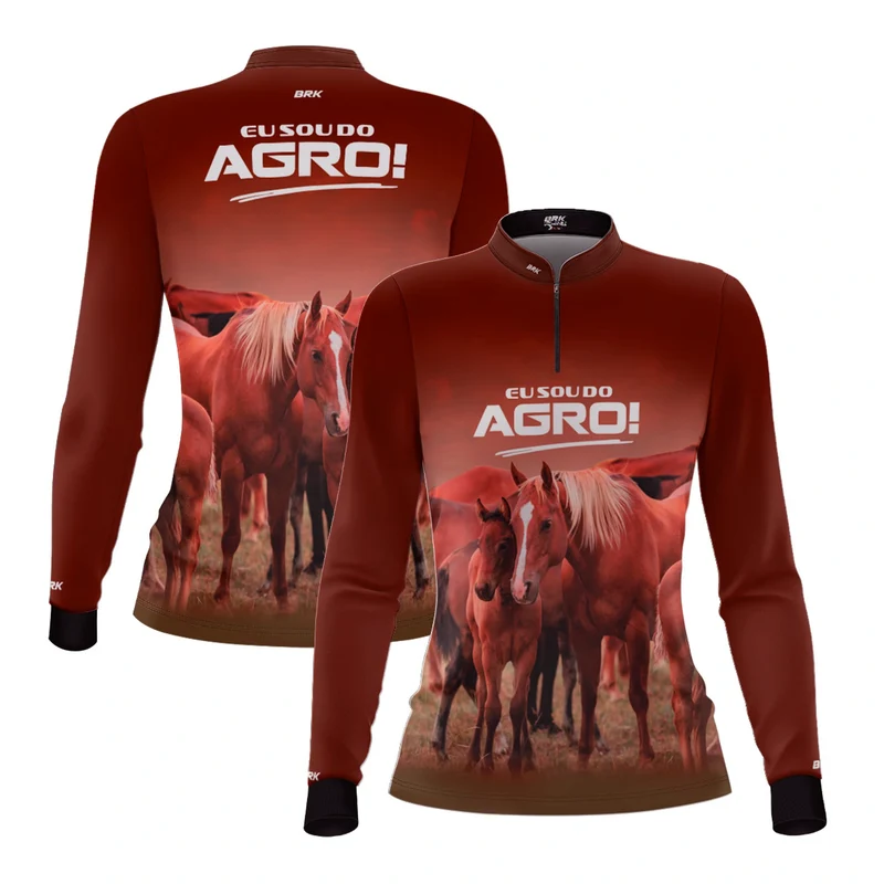 Camisa UV50 Agro Feminina Brk Eu Sou do Agro Marrom Cavalos PP