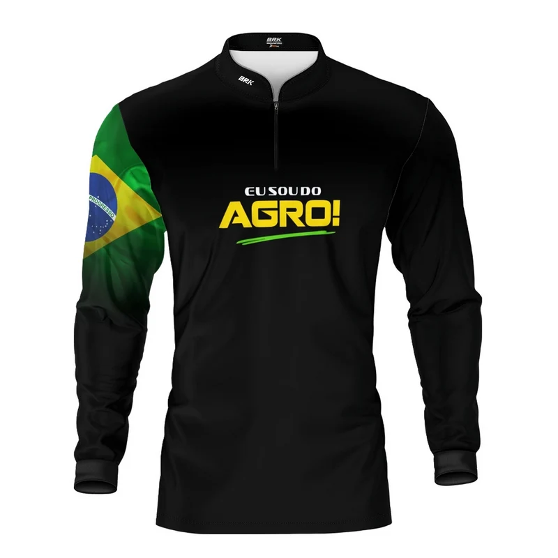Camisa UV50 Agro Brk Eu Sou do Agro Preta Básica Bandeira do Brasil G2