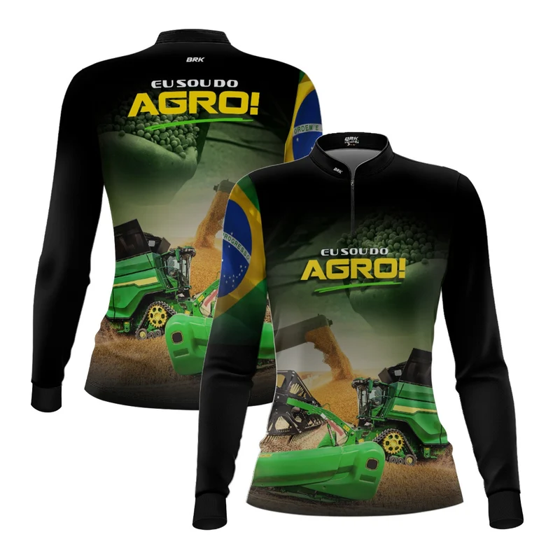 Camisa Agro Feminina Brk Eu Sou do Agro Colheitadeira Verde com Proteção UV50 PP