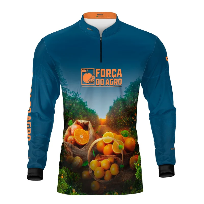 Camisa Agro BRK Força do Agro Pomar de Laranja com Proteção UV50+ Azul Petróleo M