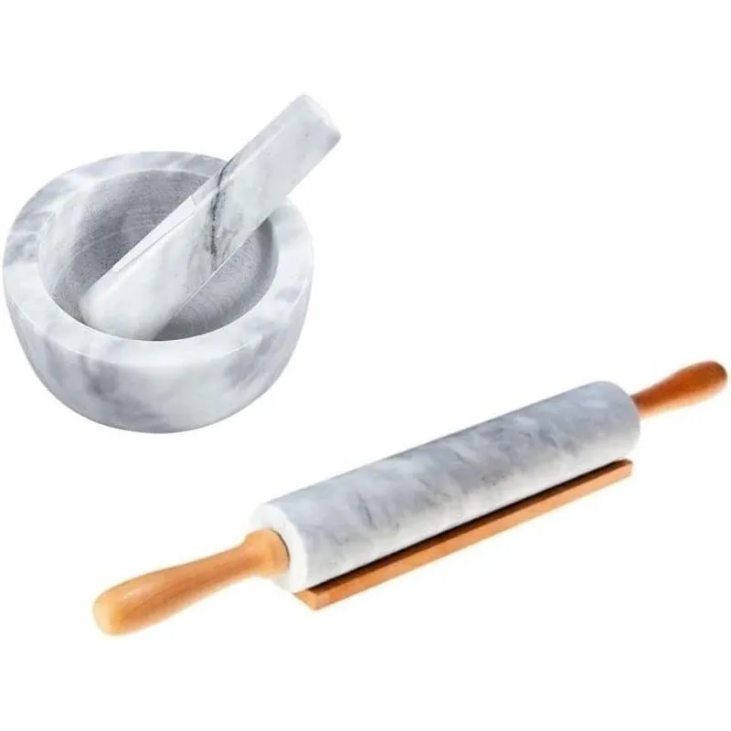 Kit De Rolo Para Massas E Pilão Com Socador Marin De Mármore