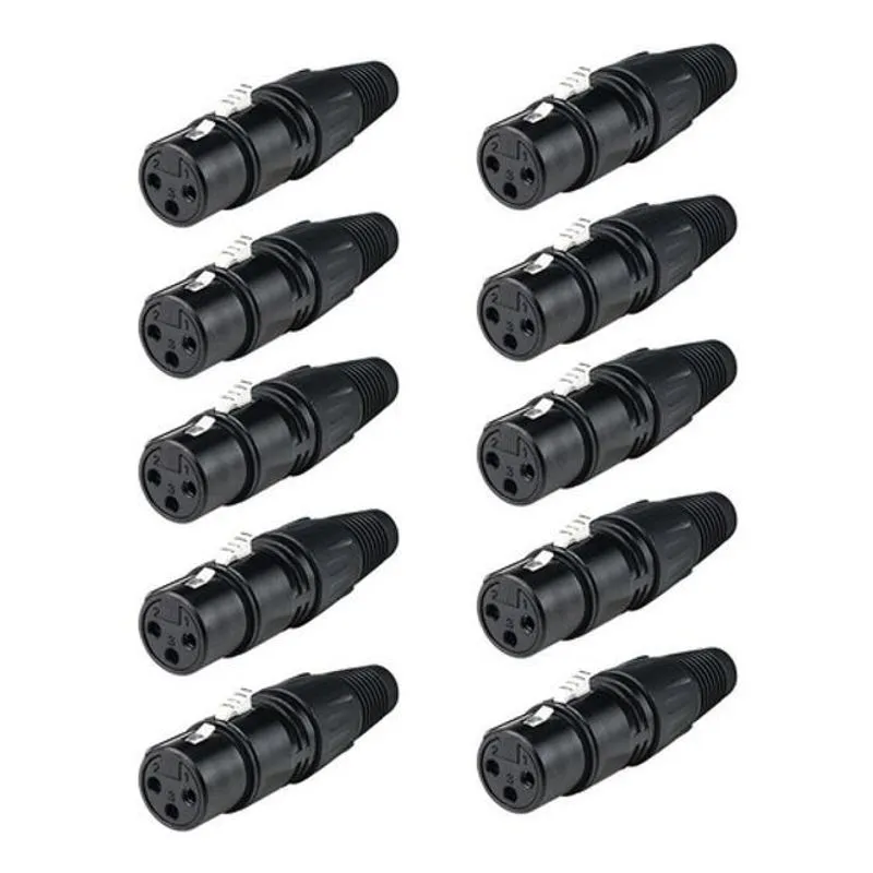10 Plug Conector Xlr Canon Fêmea 3 Pinos Metal Preto Luminos