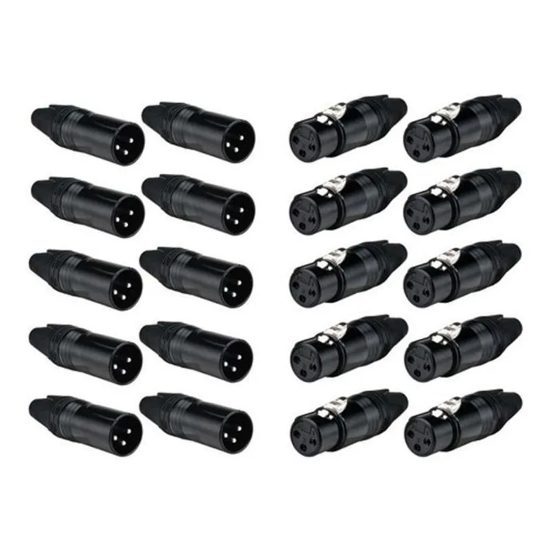 Kit 10 Plugs Xlr Canon Metal Macho/fêmea Linha Preto Luminos