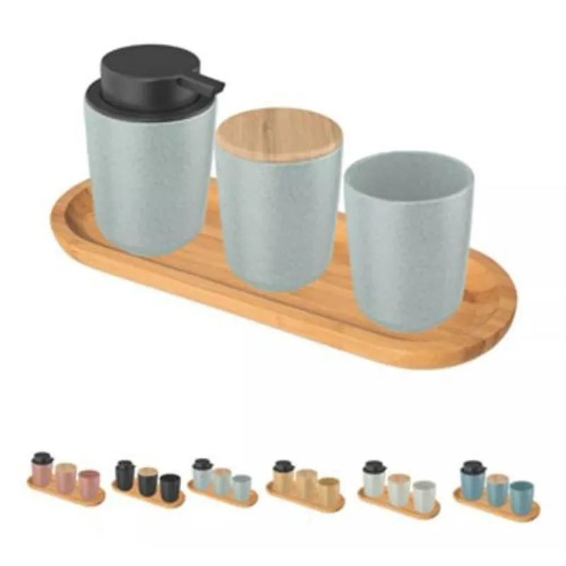 Conjunto Banheiro Cerâmica e Bambu 4 Peças Osaka Marmorizado com Bandeja