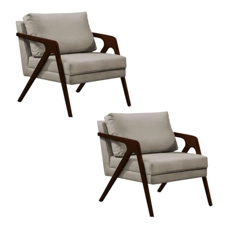 Conjunto 2 Poltronas Sala De Estar Monique Madeira Castanho Bege Veludo