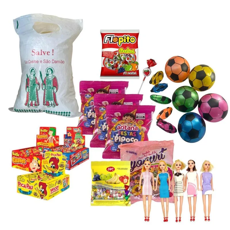 Kit Doces + Brinquedos Cosme E Damião Para 50 Crianças