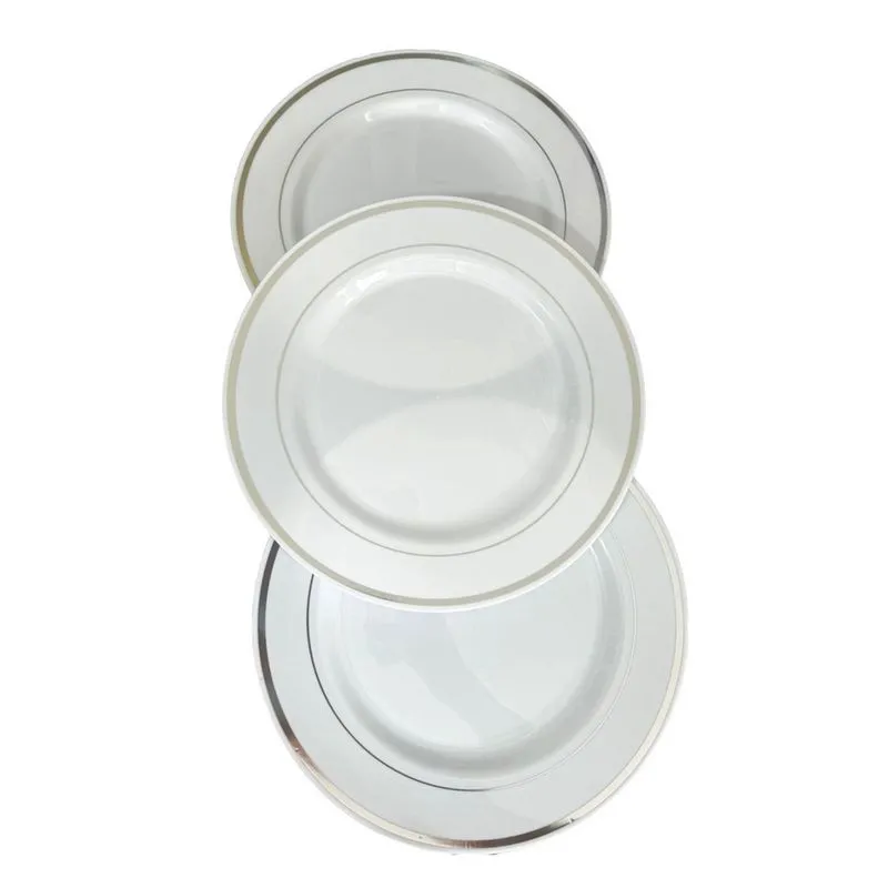 20 Prato Refeição Plástico pigmentado Borda Prata Luxo 26cm