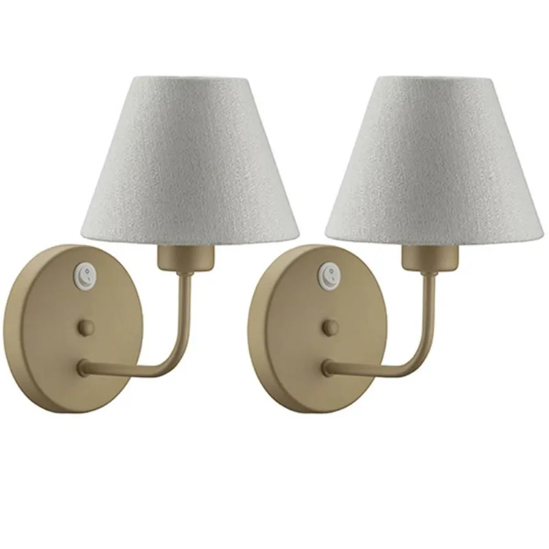 2 Arandelas de Parede em Alumínio Dourado Cúpula Tecido Natural com Interruptor Abajur Quarto Bivolt