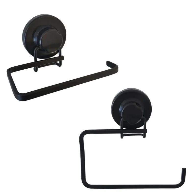 Kit Toalheiro e Porta Papel Higiênico com Ventosa Preto Fosc