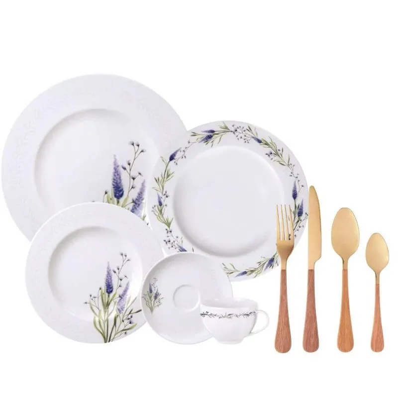 Aparelho de Jantar Porcelana e Faqueiro em Aço Inox Dourado Mesa Posta Luxo 6 Pessoas