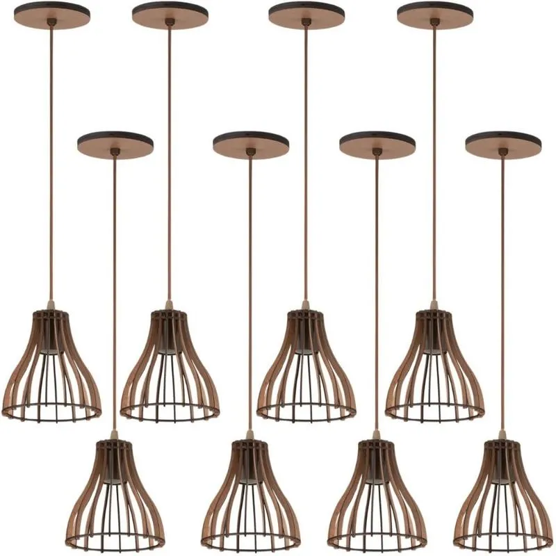Kit 8 Pendentes 16x9cm Luminárias Bivolt Madeira MDF Tiffany Dital Iluminação Interna Decoração
