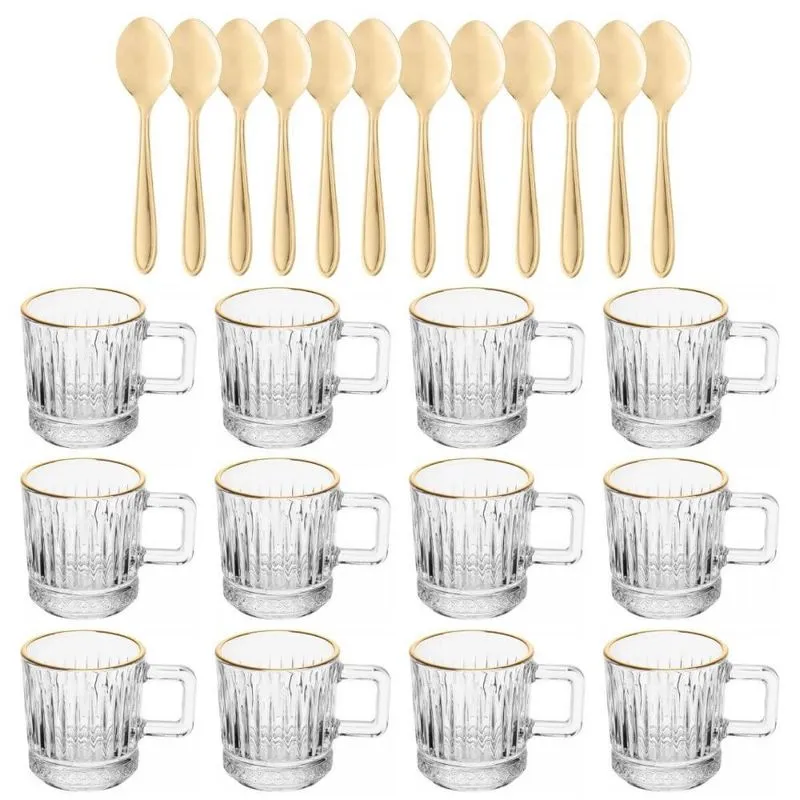Jogo 24 Pçs Xícaras Vidro 90ml e Colheres Inox Dourado Lyor Café Recepção Atendimento Escritório