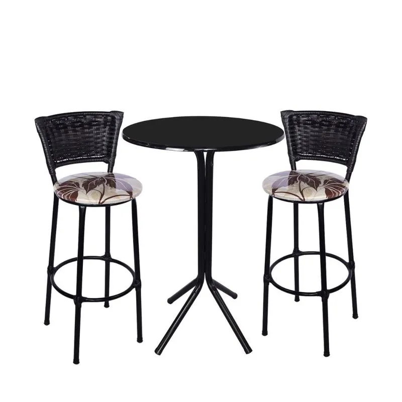 Jogo de 2 Banquetas Preta Junco Preto Assento Floral Marrom com Bistro Preto