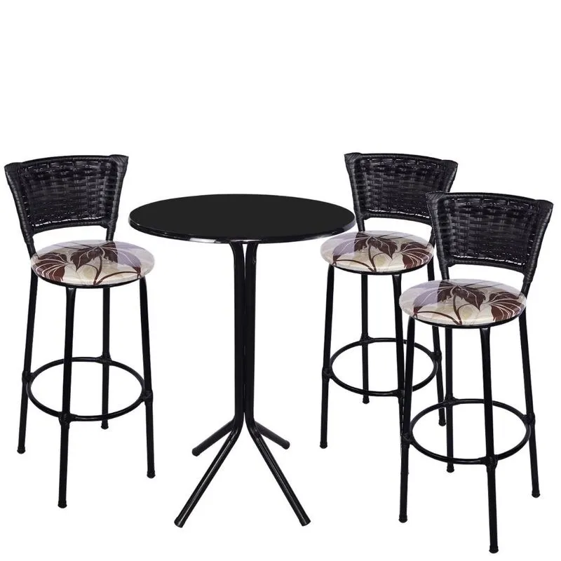 Jogo de 3 Banquetas Preta Junco Preto Assento Floral Marrom com Bistro Preto