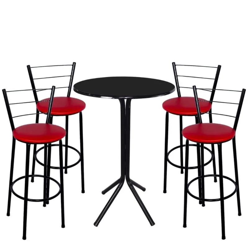 Jogo de 4 Banquetas Preta Assento Vermelho com Bistro Preto