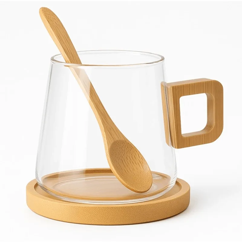 Xícara Elegante De Vidro Com Alça Quadrada Em Bambu + Pires E Colher 300ml