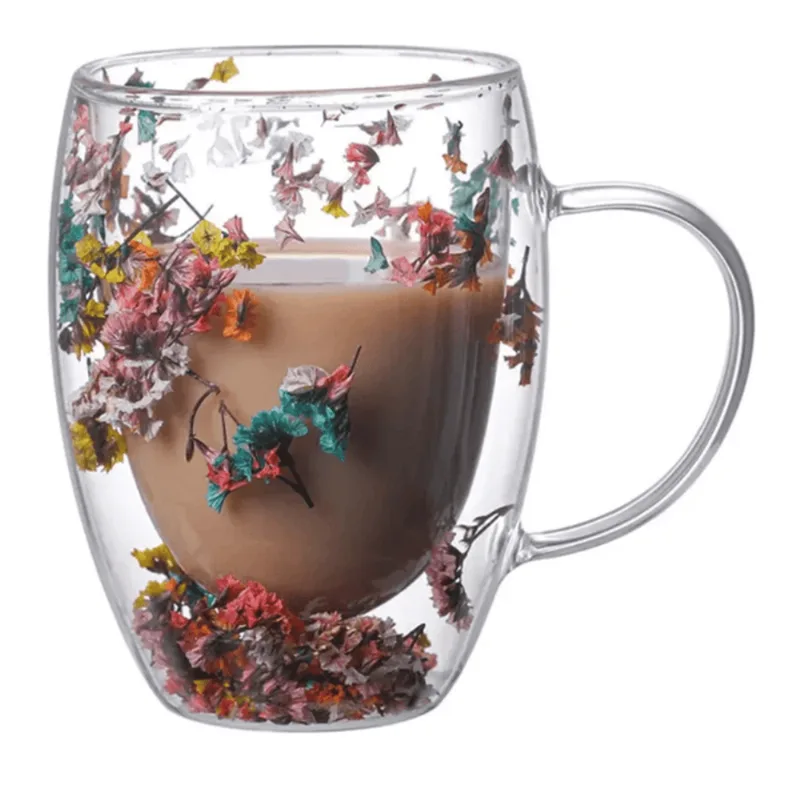 Caneca De Vidro Parede Dupla Florida 350ml Para Café Chá E Bebidas