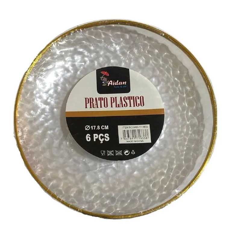 Kit 6 Pratos Jantar Redondo Acrílico Borda Dourado 17cm