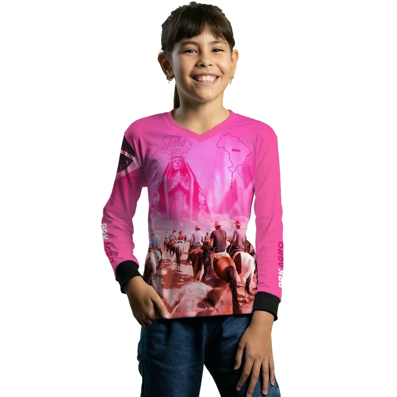 Camisa Infantil Agro Feminina Brk Cavalgada Devota Nossa Senhora com UV50+ 4 a 5 Anos