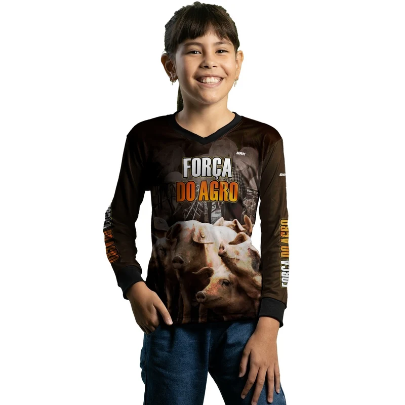 Camisa Infantil Agro Brk A Força do Agro Produtor de Suínos com UV50+ 6 a 7 Anos