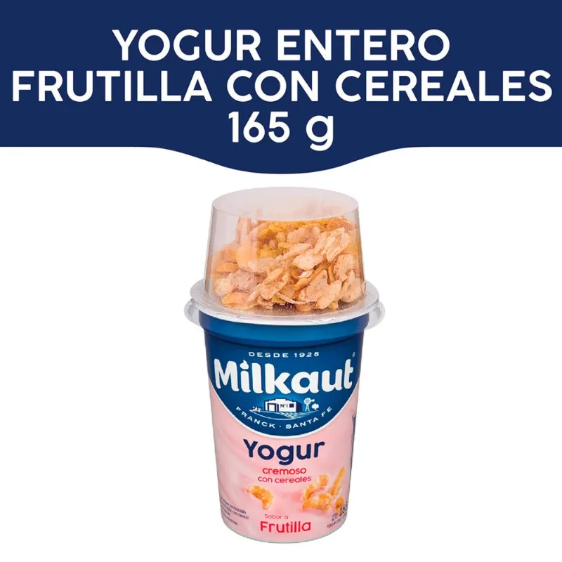 Yogur cremoso entero Milkaut con cereales frutilla 150 g.