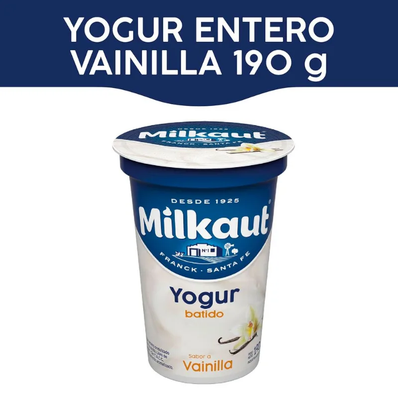 Yogur vainilla Milkaut entero pote 190 g.
