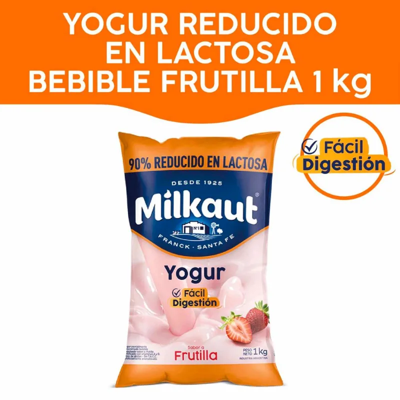 Yogur entero Milkaut frutilla reducido en lactosa 1 kg.